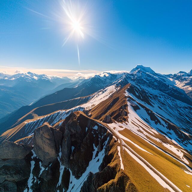 A rocky mountain ridge with patches of snow under a bright sun and a blue sky.