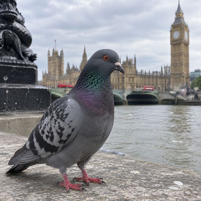 A grey pigeon standing on a stone river wall, with a bridge, a clock tower and a large Gothic building behind it.
