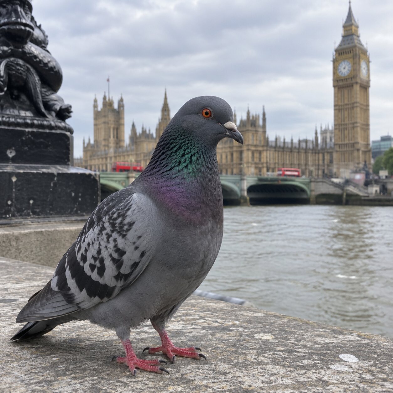 A grey pigeon standing on a stone river wall, with a bridge, a clock tower and a large Gothic building behind it.