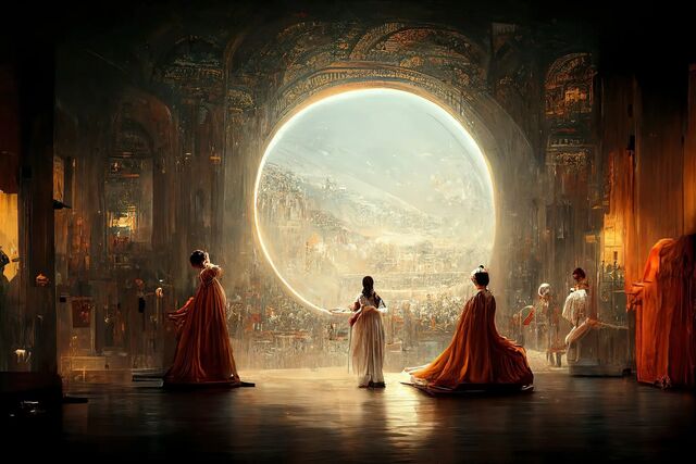 A painting-like scene of robed figures in an ornate hall, looking towards a huge, bright circular window.