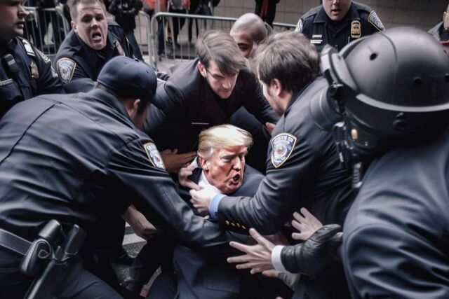 A man with blond hair in a dark suit being held by a crowd of police officers in a street.