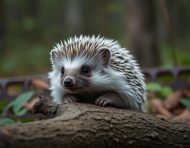 A small hedgehog with its front paws on a log, in a blurred woodland setting.